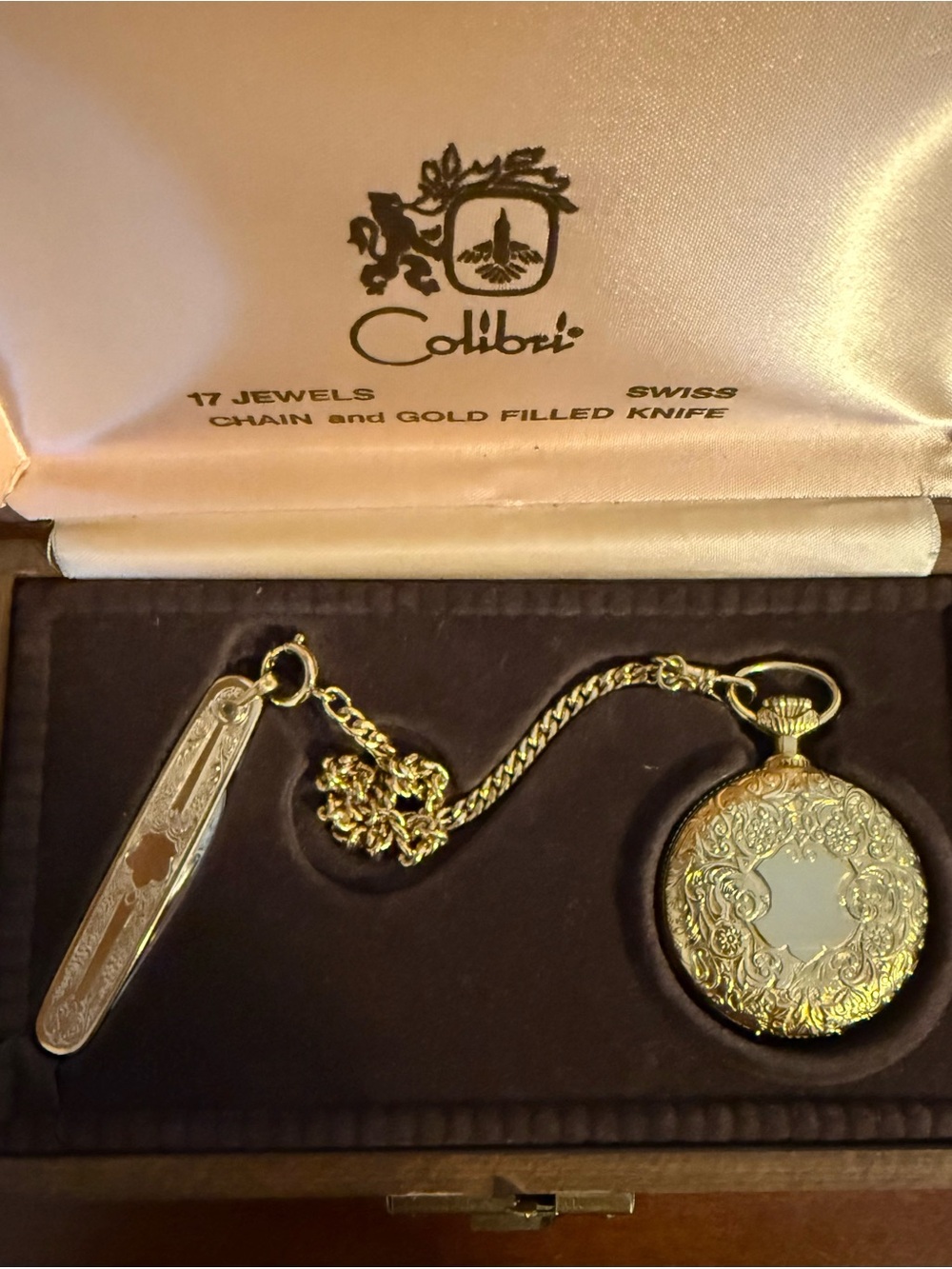 Vintage Colibri Gold  Pocket Watch with Chain and Gold Filled Knife